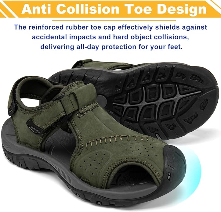 Men's Sport Sandals Closed Toe Leather Hiking Athletic Walking Outdoor Beach Trail River Fishing Water Shoes Lightweight Comfortable Waterproof