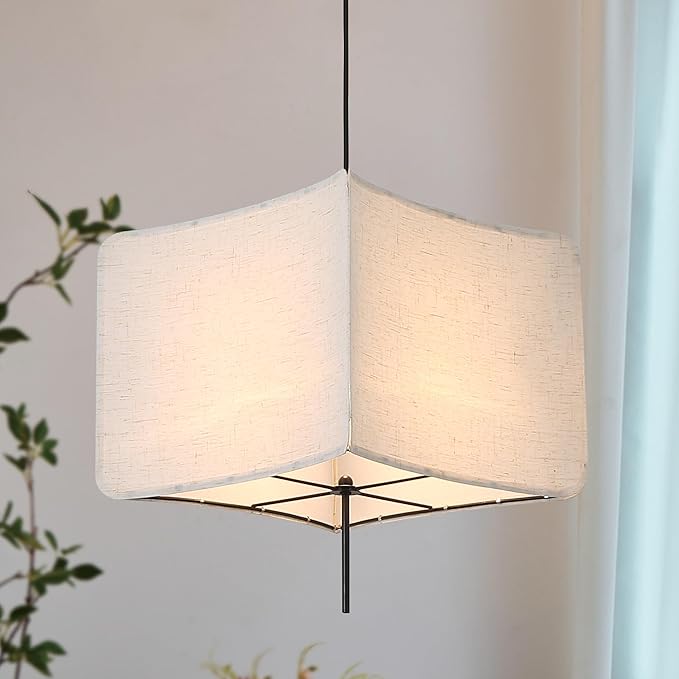 Modern Square Linen Fabric Pendant Light - 74.8??x 14.17??x 14.17?? Adjustable Hanging Light Fixture, E26 Socket (No Bulbs), Minimalist, for Kitchen, Dining Room, Bedroom, Living Room,Corner