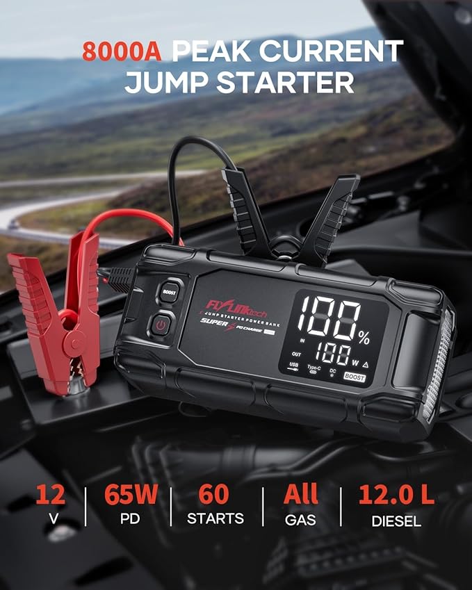 FLYLINKTECH Car Battery Jump Starter, 8000A Peak 26800mAh Jump Start Battery Pack(for All Gas or up to 12L Diesel),12V Jump Box with PD65W Fast Charging and 600 Lumen LED Light
