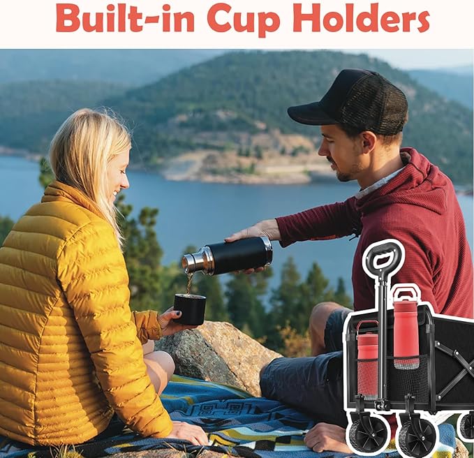 Wagons Carts Foldable, 360 Lbs with Adjustable Handle, Black Lightweight Portable, Collapsible Wagon for Beach Trip, Camping, Shopping, Sports, Travel, Picnic and Grocery with 2 Drink Holders