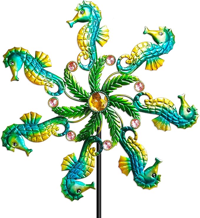 Seahorse Wind Spinners - 39" Ocean-Themed Metal Wind Sculptures Garden Stake Art, 13.5” Windmill Yard Kinetic, Outdoor Decor for Patio & Lawn - Metal Beach Sculpture with Seahorse Design