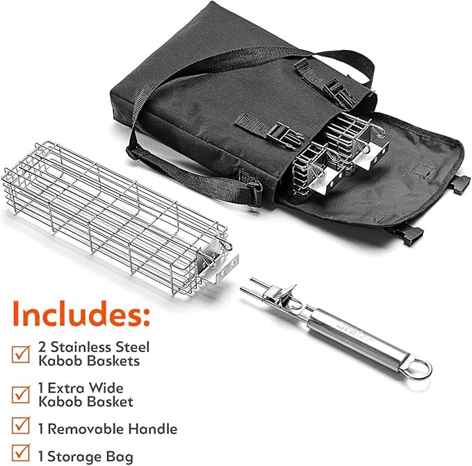Kabob Grilling Baskets – Set of 3 Stainless Steel BBQ Baskets (12" x 2" x 2") with Removable Handle and Latching Lid – Great for Grilling Vegetables or Meat Over Campfires and Outdoor Grills