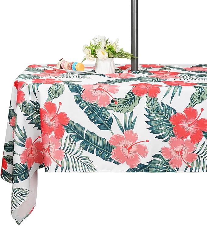SquarePie Outdoor Indoor 60x84 inch Rectangle Tablecloth with Umbrella Hole and Zipper, Waterproof Patio Zippered Table Clothes for Spring Summer Party Picnic,Palm Leaf Red Flower