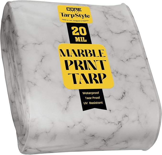 Core Tarps Extreme Heavy Duty 20 Mil Tarp Cover, Waterproof, UV Resistant, Rip and Tear Proof, Poly Tarpaulin with Reinforced Edges for Roof, Camping, Patio, Pool, Boat (Marble/White 25′ X 45′)