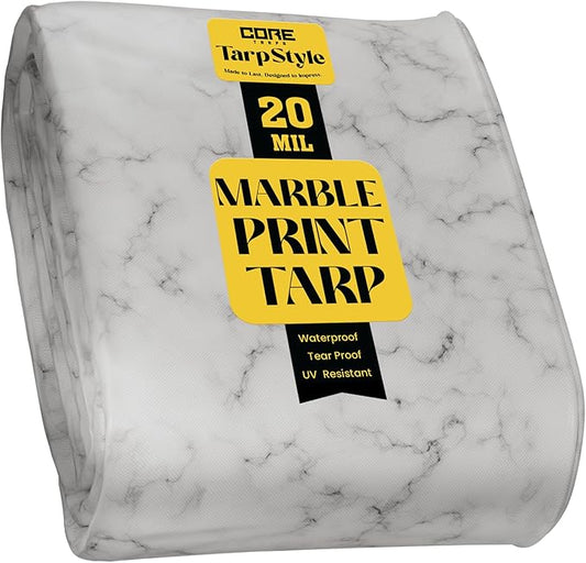 Core Tarps Extreme Heavy Duty 20 Mil Tarp Cover, Waterproof, UV Resistant, Rip and Tear Proof, Poly Tarpaulin with Reinforced Edges for Roof, Camping, Patio, Pool, Boat (Marble/White 25′ X 40′)