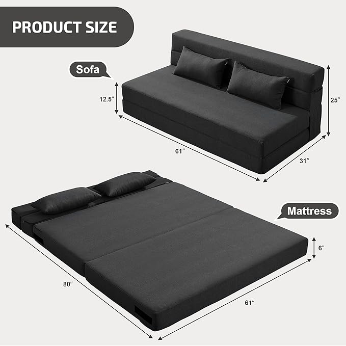 Convertible Folding Sofa Bed - Chair Bed Sleeper with Pillow, Modern Linen Fabric Fold Out & Futon Couch, Foldable Mattress for Living Room/Dorm/Guest Use/Home Office, Queen Size, Dark Gray