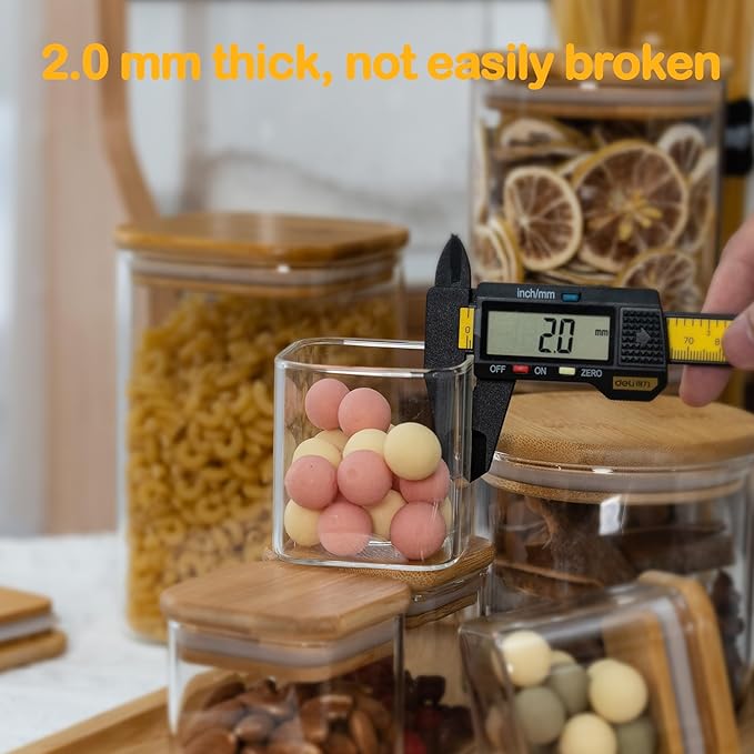 5oz Airtight Square Spice Containers with Bamboo Lid Set of 12 with Black Lables Storage Stackable Spice Jar, Kitchen Canister for Sugar, Tea, Flour, Salt and Seasonings (‎Clear Glass)