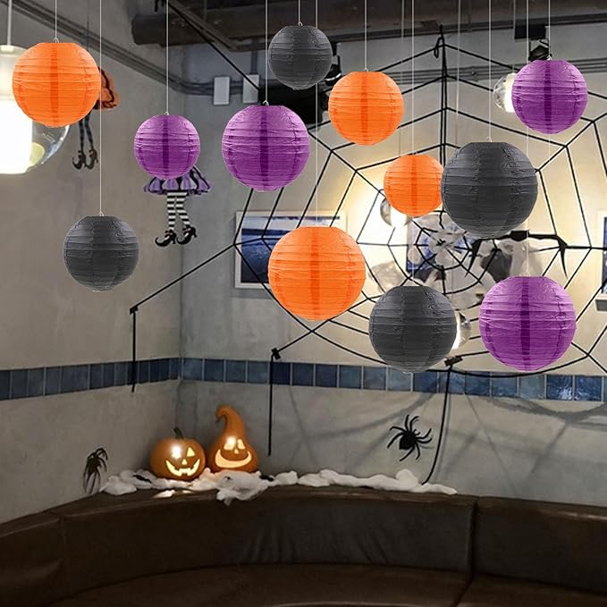 12 Pcs Paper Lanterns Halloween Party Decorations Orange Black Purple Halloween Hanging Paper Lanterns for Horror Party Indoor Outdoor Spooky Home Ceiling Yard Garden Decor Party Supplies Props
