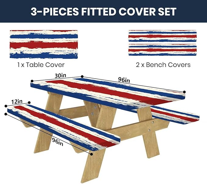 CAPSCEOLL Fitted Picnic Table Cover with Bench Covers with Elastic 8Ft Waterproof Camping Picnic Table Cover Cloths for Outdoors Camping Tablecloth with Drawstring Bag, 96X30in, Red Blue