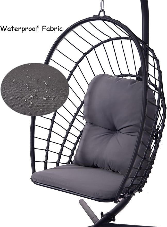 Indoor/Outdoor Egg Hanging Chair with Stand - Patio Wicker Swing Hammock Chair. 350lbs Capacity, Cushioned. Ideal for Bedroom, Balcony, Porch, Garden. Versatile Swing Chair for All Spaces