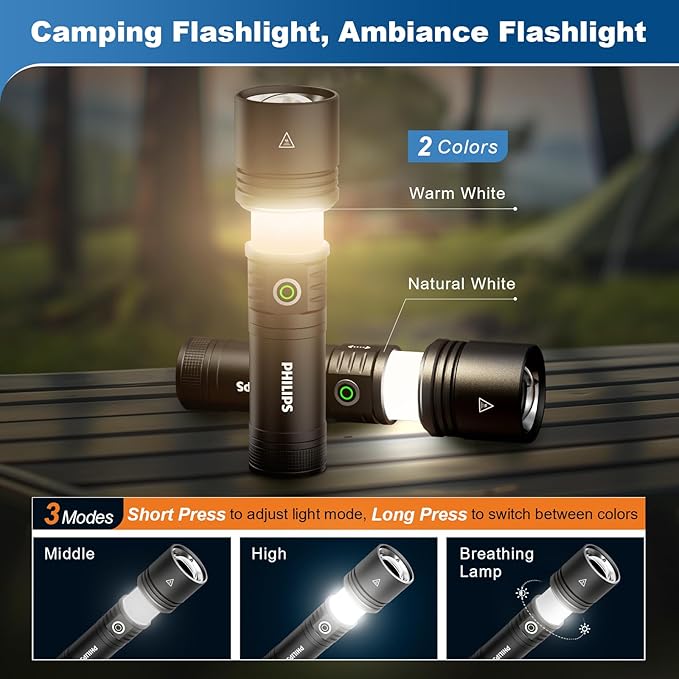 PHILIPS Flashlights High Lumens Rechargeable,2000lm Tactical Flashlights with Camping Lamp&Ignition Lens,2 Colors,Zoomable,5Modes,Reverse Charging,LED Bright Flashlight for Home,Outdoor,Gift