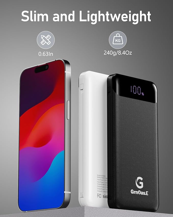 GrnOas.E 2-Pack 10000mAh Power Bank for iPhone,22.5W Fast Charging Portable Charger for iPhone,4 Outputs 3A High Speed Power Bank with Built in Cables,Travel Essentials Battery Pack for iPhone and etc