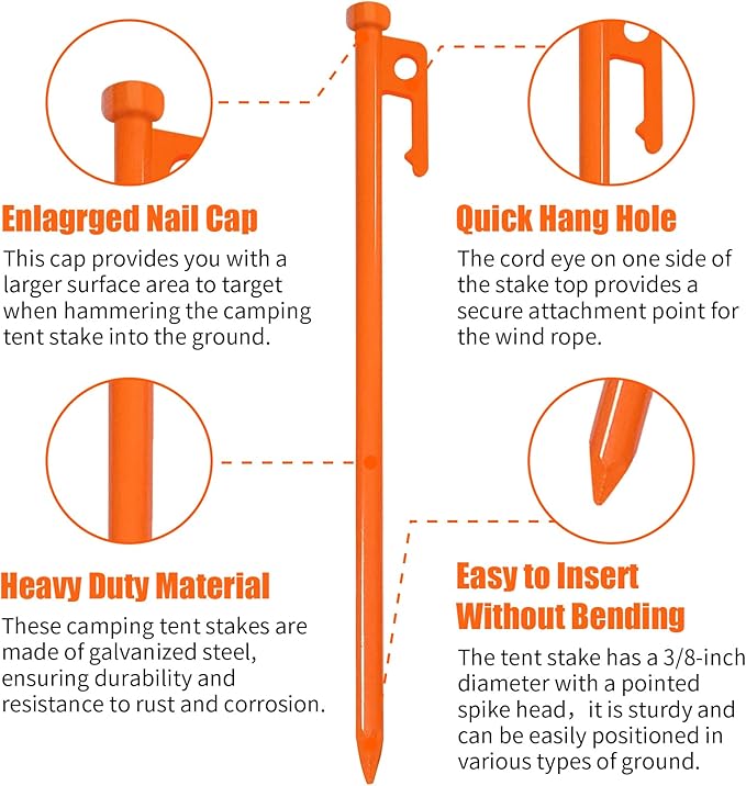 Eurmax USA 10 inch Multiuse Heavy Duty Steel Tent Stakes Tarp Pegs Camping Stakes for Outdoor Camping Canopy and tarp with 4 Ropes 10FT Length,8pcs(Orange)