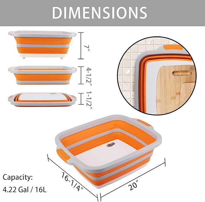 Tiawudi Large Collapsible BBQ Prep Tub with Lid(4.22 Gal/16L), Foldable Camping Sink with Colander, Cutting Board, Dish Basin for Kitchen, Bowl, Vegetable and Fruit, Storage Basket for Picnic