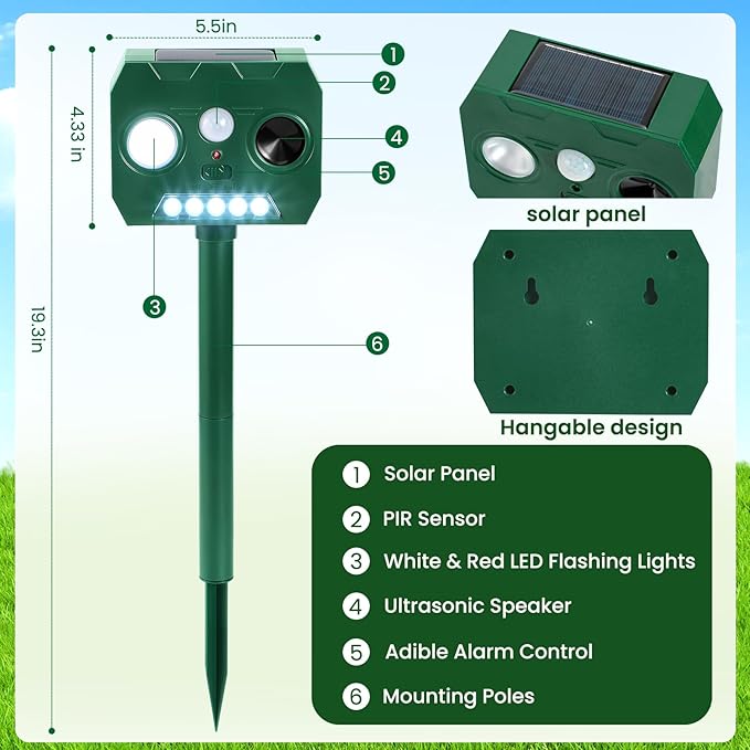 Solar Ultrasonic Animal Repellent Outdoor, 2 Pack Cat Squirrel Raccoon Bird Dog Deer Repellent Devices with PIR Motion Sensor ＆ LED Flash, Waterproof Animal Deterrent for Garden Yard Farm