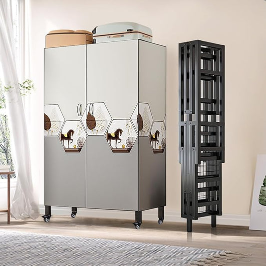 FPIGSHS Heavy Duty Clothes Rack with Magnetic Door 2000LBS Foldable Portable Wardrobe Closet for Hanging Clothing Rolling Garment Rack on Wheels for Bedroom Closet System (C(Pattern Door, 33.4in)