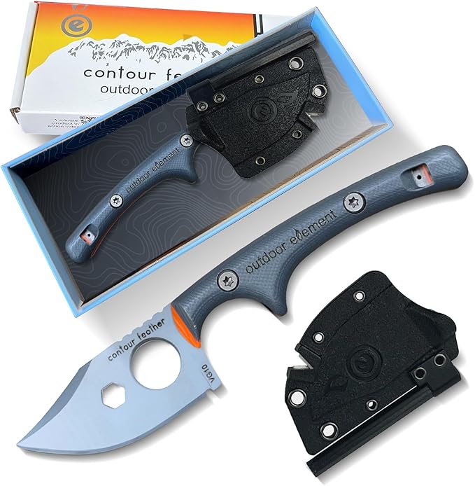 Contour Feather Survival and Culinary Knives – VG10 Steel Fixed Blade with Fire Starter, Hex Driver, Knife Sharpener, Sheath & Built in Whistle - Built For Camping & Outdoor Adventure