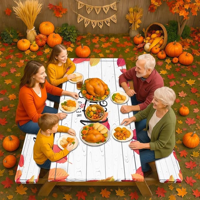 Picnic Table Cover with Bench Covers Elastic Edges, Wooden Fall Fitted Table Cover, Outdoor Patio Camping Essentials 72 Inch 3PCS, Waterproof Camping Fitted Tablecloth with Drawstring Bag