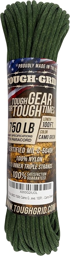 TOUGH-GRID Paracord Rope 750 lbs Nylon Parachute Cord, Made in USA Survival Kit, Outdoor Adventures, Camping, Tactical Gear & Emergency Supplies, Military Type IV Mil-Spec