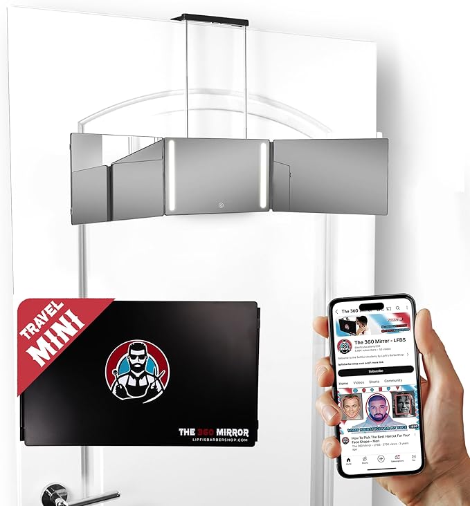 The 360 Mirror - 3 Way Mirror for Self Hair Cutting - Adjutable Trifold Barber Mirro to Cut Your Own Hair - Tri Fold Self Haircut System - Three Sided Mirro for Haircuts (Black - Mini LED Version)