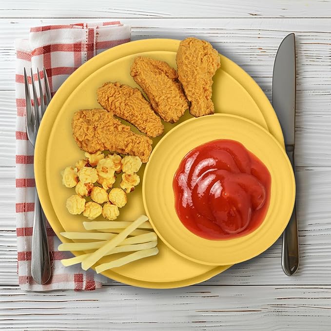 40Pack plates and bowls sets for kids - Unbreakable wheat straw dinnerware sets service for 8 - Alternative plastic 40pcs dish sets for kitchen, camping and indoors dinning - (Yellow)