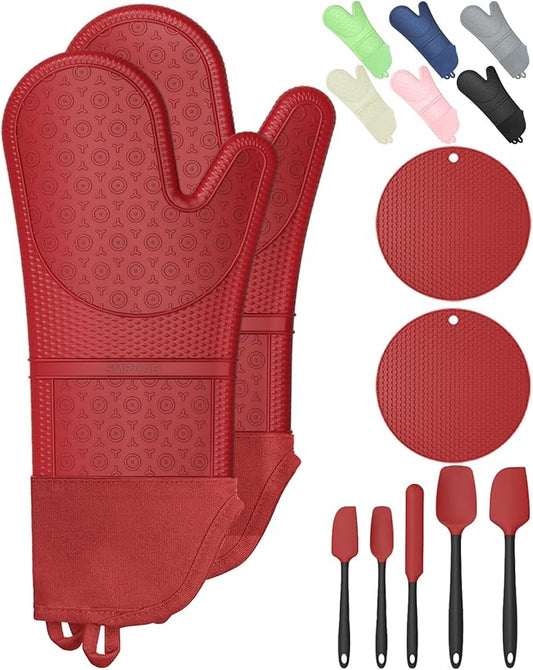 Oven Mitts with Heat-Resistant Hot Pads and Five Silicone Spatulas Designed for Kitchen Baking Cooking, Oven Glove Soft Cotton Lining, Waterproof, BPA-Free (Red, 15.7)