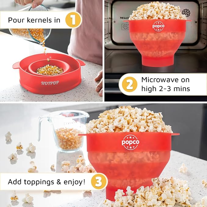 POPCO Silicone Popcorn Maker - Microwave Popcorn Popper - Collapsible Bowl, Heat-Resistant, Easy to Clean, Ideal for Family Movie Nights, 15-Cup Capacity - Transparent Red