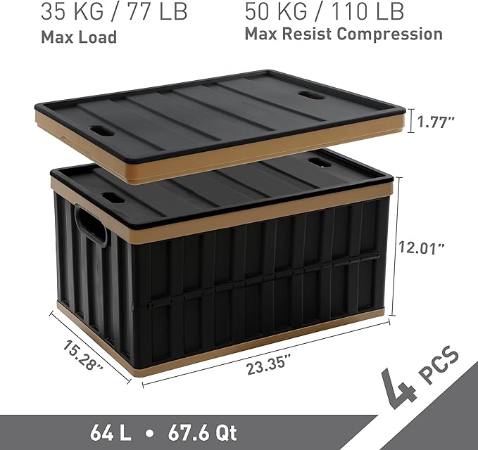 Citylife 64L Collapsible Storage Bins with Lids Plastic Storage Containers for Organizing Stackable Storage Box Large Heavy Duty Utility Crates, 4 Packs