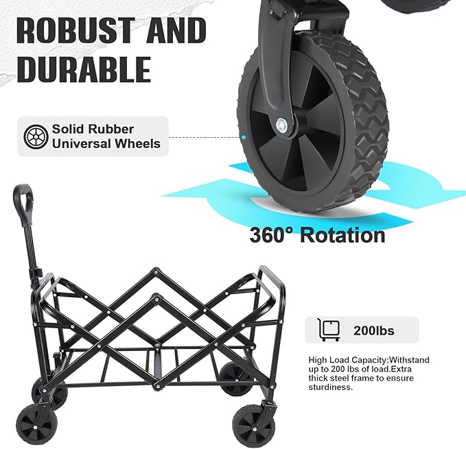 Beach Wagon with Big Wheels for Sand,Collapsible Folding All Terrain Utility Wagons Carts Foldable with Brakes for Sand Camping Sports Outdoor.
