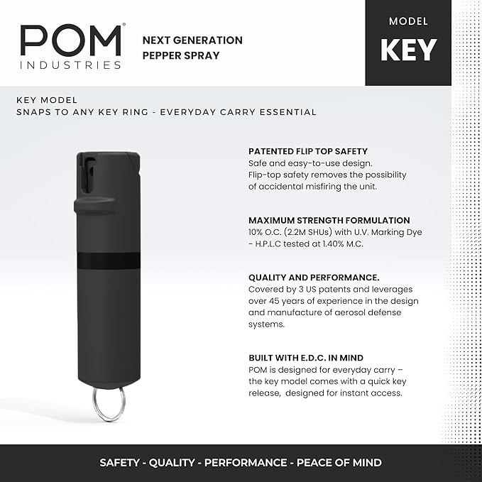 POM Pepper Spray Combo Pack Clip & Keychain - Maximum Strength OC Spray Self Defense- Tactical Compact & Safe Design - 25 Bursts & 10 ft Range - Stream Spray Pattern