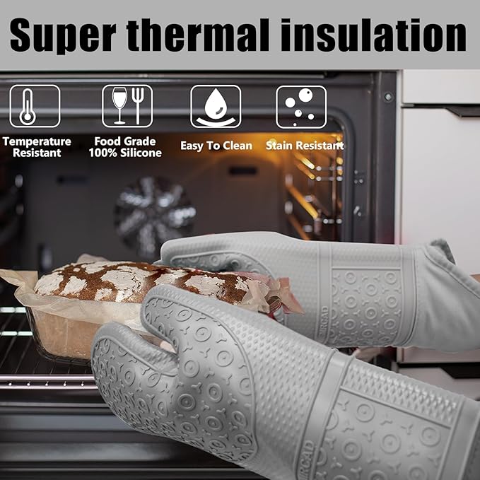 Oven Mitts with Heat-Resistant Hot Pads and Five Silicone Spatulas Designed for Kitchen Baking Cooking, Oven Glove Soft Cotton Lining, Waterproof, BPA-Free (Grey, 15.7)