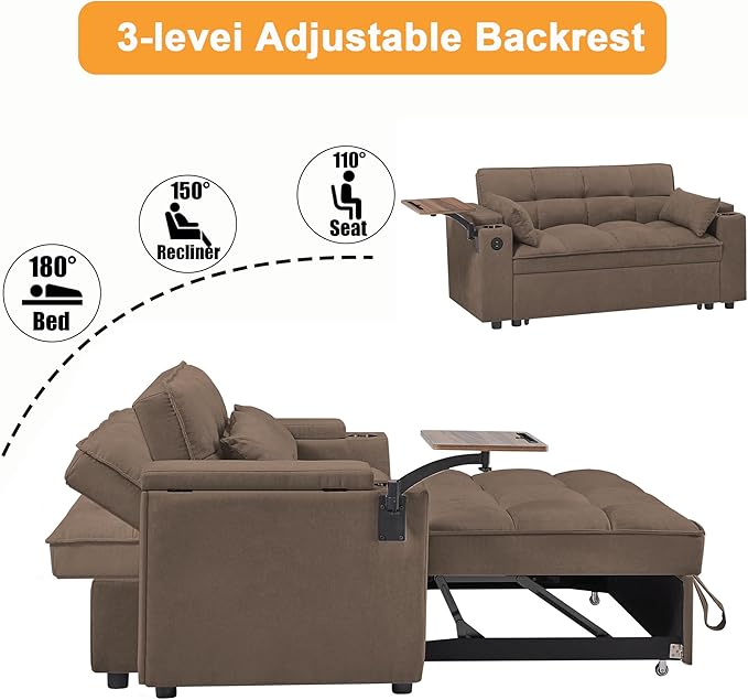 65'' 3-in-1 Folding Convertible Sofa Bed, Pullout Sofa, Modern Chenille Fabric, 360° Swivel Side Table, Easy Assembly, Perfect for Living Room(ZY-1107A-Brown)