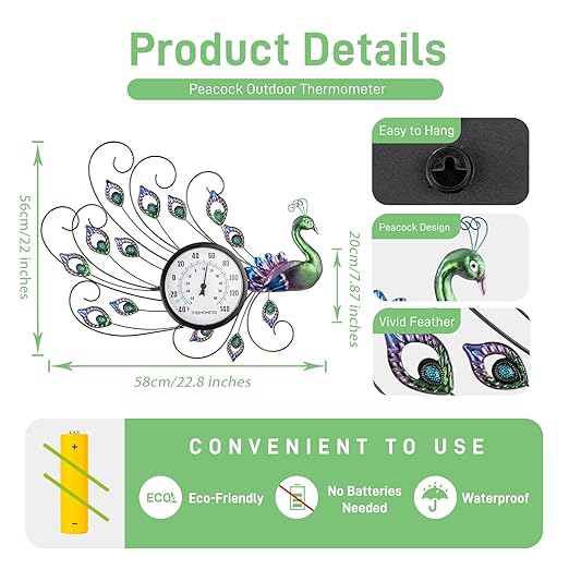 Peacock Outdoor Thermometer, Metal Outdoor Wall Thermometer No Need Battery, Indoor Outdoor Thermometer Large Wall Art Decor for Patio, Garden, Living Room