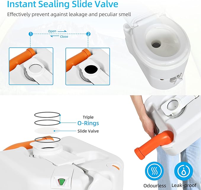 YITAHOME Portable Toilet Integrated 6.3 Gallon, Travel RV Potty with Level indicator, T-type Water Outlets, Anti-Leak Handle Pump, Rotating Spout, for Camping, Boating, Trips (External Water Inlet)