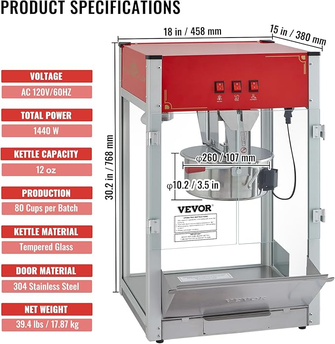 VEVOR Commercial Popcorn Machine, 12 Oz Kettle, 1440 W Countertop Popcorn Maker for 80 Cups per Batch, Theater Style Popper with 3-Switch Control Steel Frame Tempered Glass Doors 1 Scoop 2 Spoons, Red