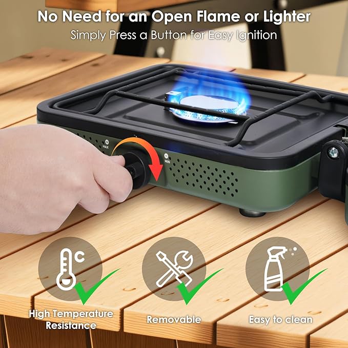 2 Burner Camping Stove with Carrying Bag, Foldable Propane Camp Stove with 17,200 BTU for Camping, Outdoor Cooking, Portable Gas Stove with Adjustable Burner for BBQ,Green with Windscreen