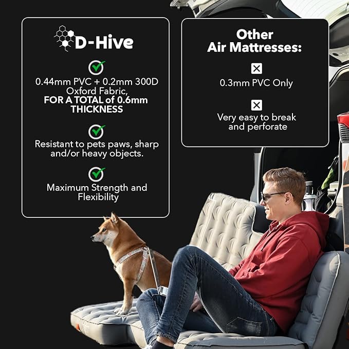 D-Hive Unbeatable Durability SUV Air Mattress for Car Camping, Durable Extra Thick 300D Oxford Fabric, Quick Easy Set-Up w/Electric Pump, Car Bed Mattress, Mattress for SUV, Air Mattress
