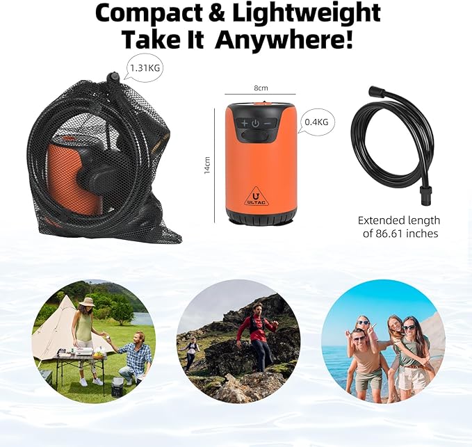Portable Shower for Camping, 10000mAh Outdoor Electric Shower Pump Rechargeable IPX7 Waterproof Camp Shower with LED Display and 2 Head Nozzle for Camping, Hiking, Travel, Car, Pet