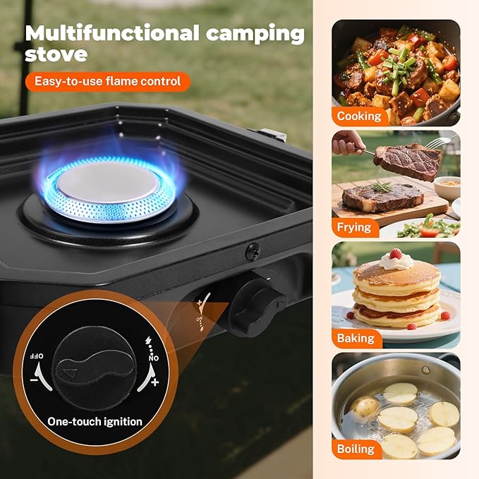 Dollate 2-Burner Propane Stove with Griddle and Carrying Bag, Portable Foldable Camping Stove with 2 Adjustable Burners 16000 BTUs,for Camping Tailgating Essentials Gear (Black)