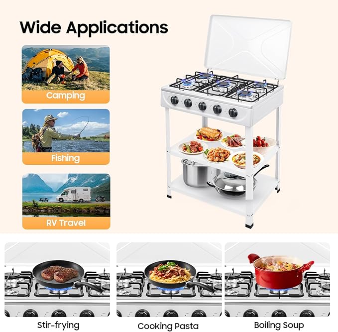 5-Burner Natural Gas Stove, Outdoor Camping Grill Stove, Portable Floor Standing Cooktop Cooker with Storage Stand and Wind Blocking Cover, Manual Ignition for Outdoor RV (White)