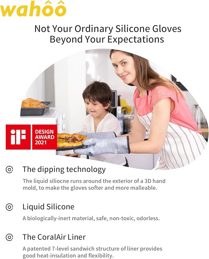 wahoo Professional Liquid Silicone Oven Mitts Gloves, Heat Resistant Gloves for Cooking, Baking, CoralAir Liner, 12 Inch, Purple, XXL
