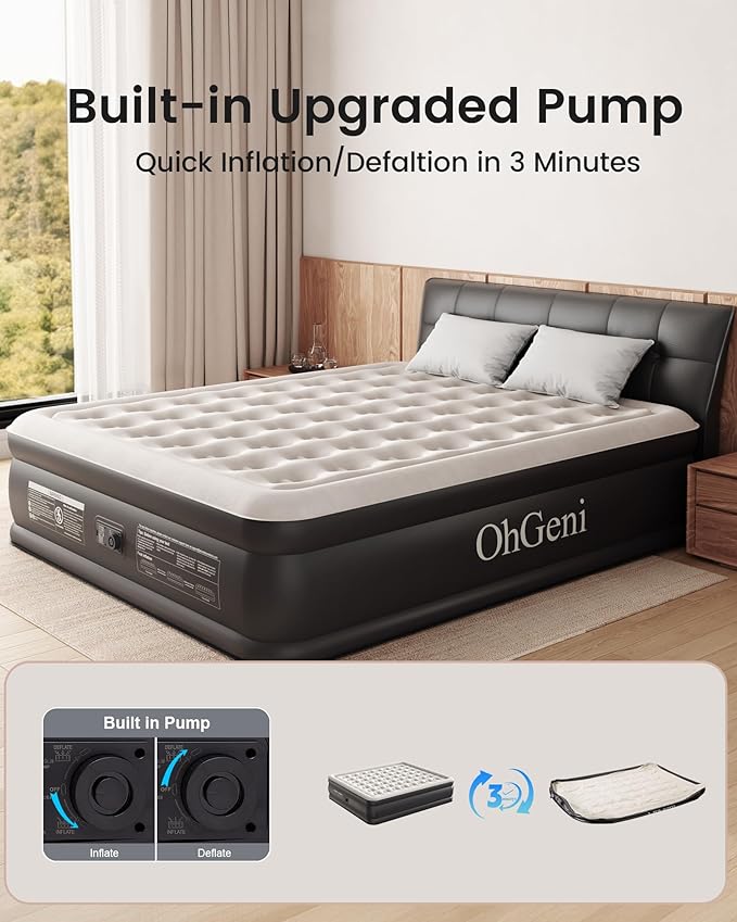 OhGeni Cal King Air Mattress with Built-in Pump, 18" Tall Inflatable Blow Up Air Bed with Carrying Bag for Camping, Guest. Raised Elevated High Airbed, Foldable & Portable Colchon inflables, Black