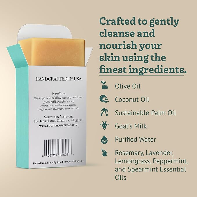 Southern Natural Goat Milk Soap Bar - 3 Pack Essential Oil Blend - For Dry Sensitive Skin. Natural Handmade Face & Body Soap For Men & Women.