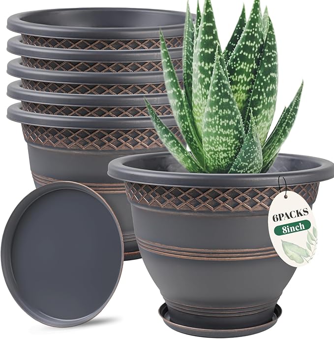 6 Pack 8 Inch Plant Pots, Plastic Flower Pot for Indoor & Outdoor with Drainage Holes & Saucer, Plaid Pattern Planters Garden Pots for Herbs