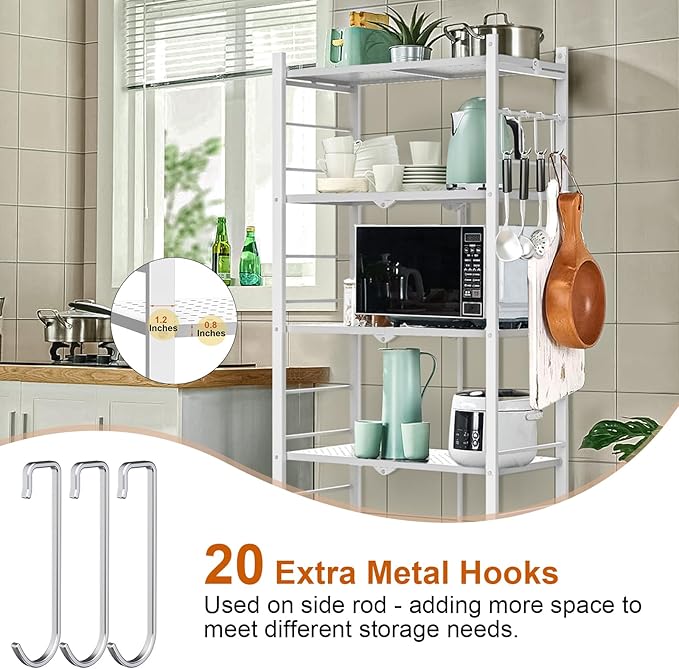 Himix 5-Tier Storage Folding Shelf with 20 Hooks, 4 Wheels, and Adjustable Feet, Stainless Steel
