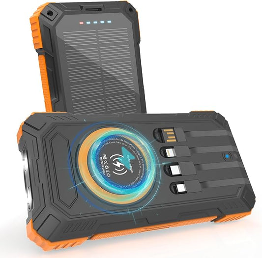ERRBBIC Solar Charger Power Bank 49800mAh, 22.5W Portable Charger, 15W Wireless Charging, Solar Panel Charger, Built-in Four Cable, with USB C for Cell Phones, with Dual Flashlight for Camping