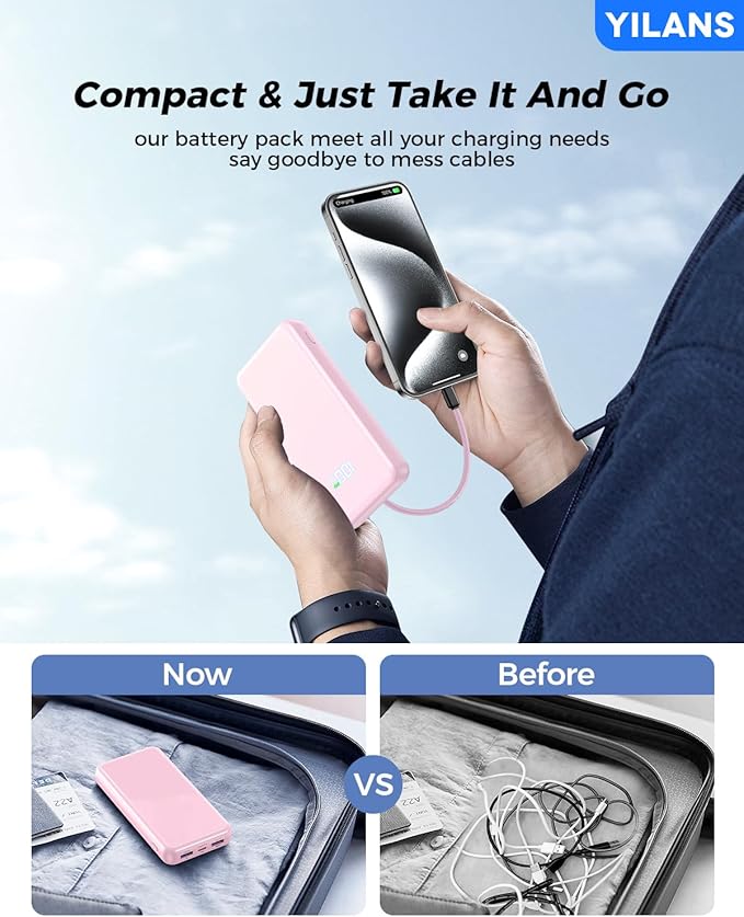 Portable Charger, 42800mAh Power Bank Built-in Cable, 22.5W PD USB C In & Out Fast Charging, External Battery Pack with 6 Output & 2 Input, Travel Phone Charger for iPhone 16/15/14/13/12 (Pink)