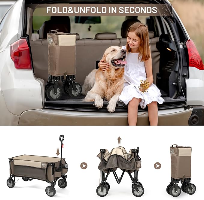 TIMBER RIDGE Collapsible Outdoor Folding Wagon Cart Heavy Duty Camping Patio Shopping Garden Cart with Side Bag Cup Holder, Tan