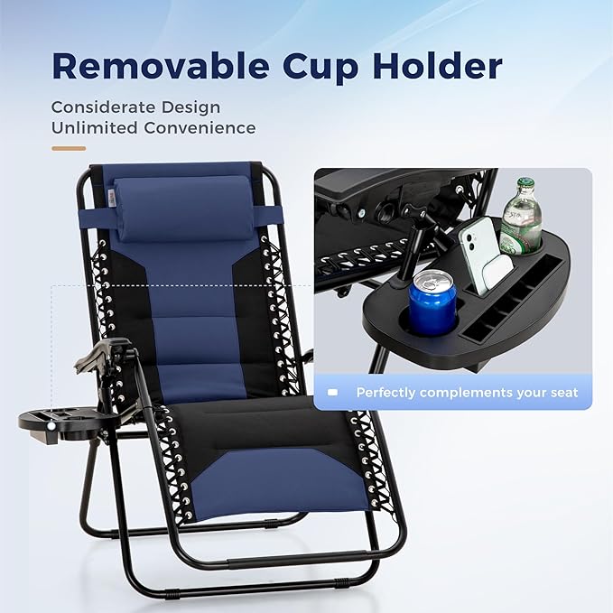 MAISON ARTS Oversized XXL Padded Zero Gravity Chair, Lawn Outdoor Lounge Chairs Set of 2, Foldable Recliners 28" Wide Seat Anti-Gravity for Patio Camping Poolside Yard, Support 400lbs, Blue & Black