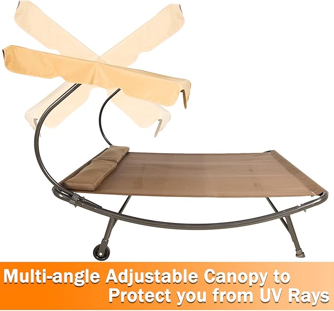 Sunnyglade 6.6'L x 6.5'W Patio Double Chaise Lounge Bed with Canopy,Headrest Pillow and Wheels,Portable Outdoor Hammock Bed for Backyard,Lawn,Garden,Courtyard,Brown